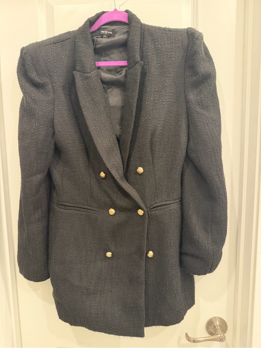Astars Black Tweed Double-Breasted Blazer with Gold Buttons